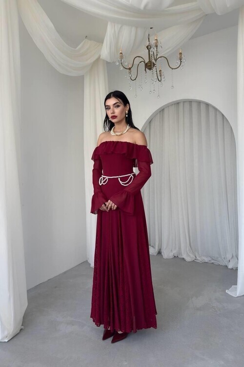 Bordo Eteği Dantel Straplezi ve Kolları Büzgü Detaylı Kadın Elbise