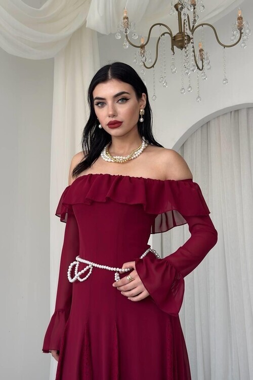 Bordo Eteği Dantel Straplezi ve Kolları Büzgü Detaylı Kadın Elbise