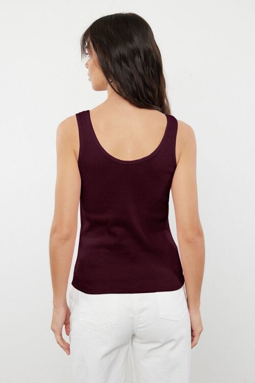 Bordo Fitted Havuz Yaka Fitilli Esnek Örme Atlet