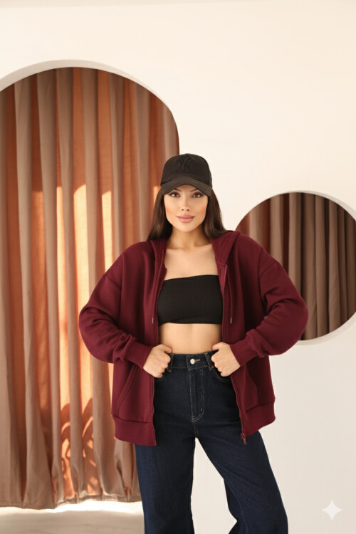 Bordo Oversize İçi Polar ve Fermuar Detaylı Kapüşonlu Kadın Sweatshirt