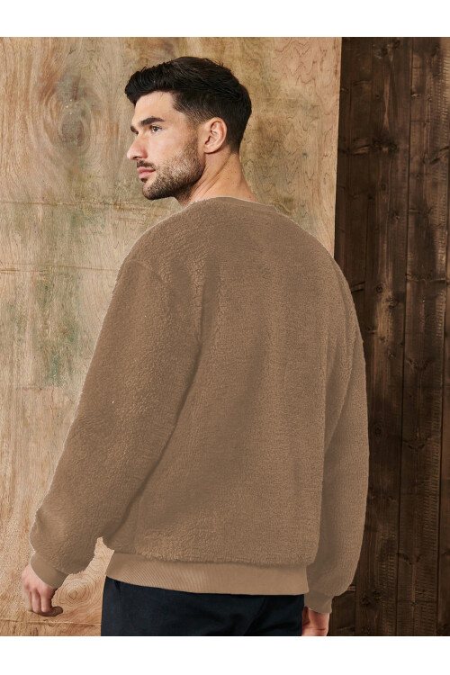 Camel V Yaka Düğmeli Peluş Hırka