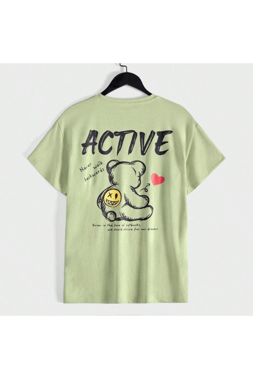 Erkek Açık Yeşil Arkası Active Ayıcık Baskılı Bisiklet Yaka T-Shirt