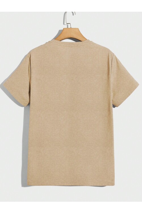 Erkek Bej Bisiklet Yaka Önü Japan Efekt Baskı Detaylı T-Shirt