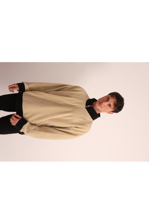 Erkek Bej Fermuarlı Yaka ve Kol Ucu Siyah Garni Detaylı Sweatshirt