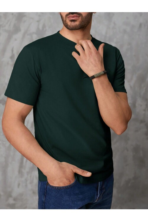 Erkek Koyu Yeşil Bisiklet Yaka Göğsü Palmiye Baskılı T-Shirt