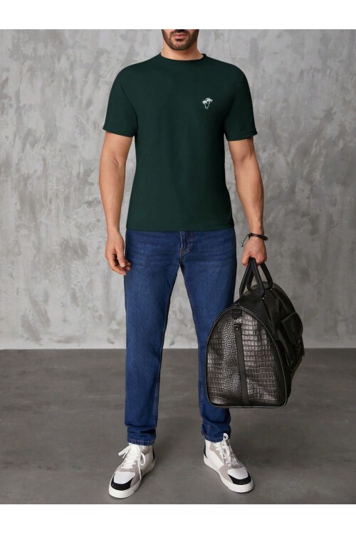 Erkek Koyu Yeşil Bisiklet Yaka Göğsü Palmiye Baskılı T-Shirt