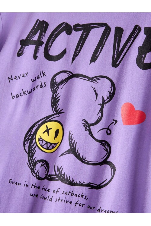 Erkek Lila Arkası Active Ayıcık Baskılı Bisiklet Yaka T-Shirt