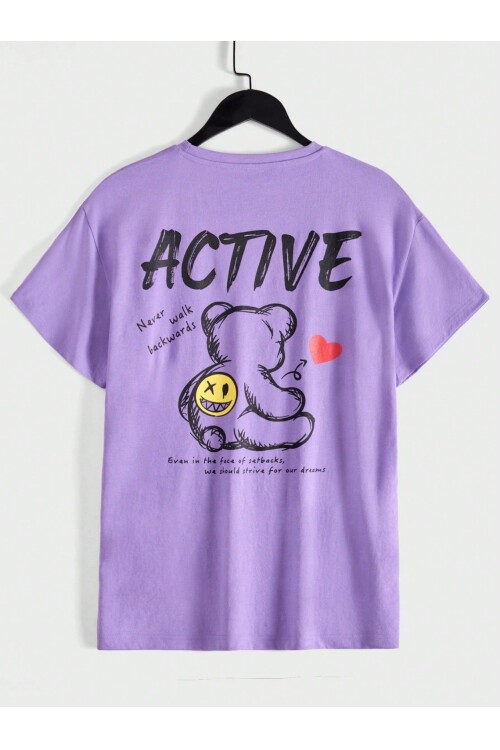Erkek Lila Arkası Active Ayıcık Baskılı Bisiklet Yaka T-Shirt