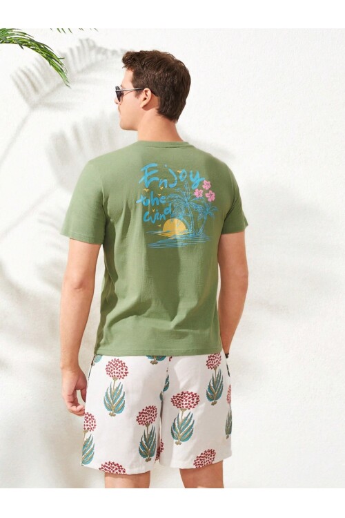 Erkek Mint Arkası Enjoy Baskılı Bisiklet Yaka T-Shirt