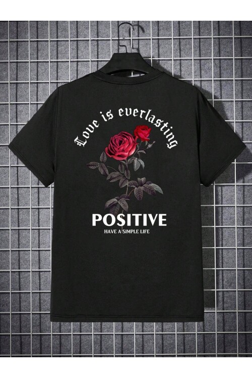 Erkek Siyah Bisiklet Yaka Love is Overlasting Baskılı T-Shirt