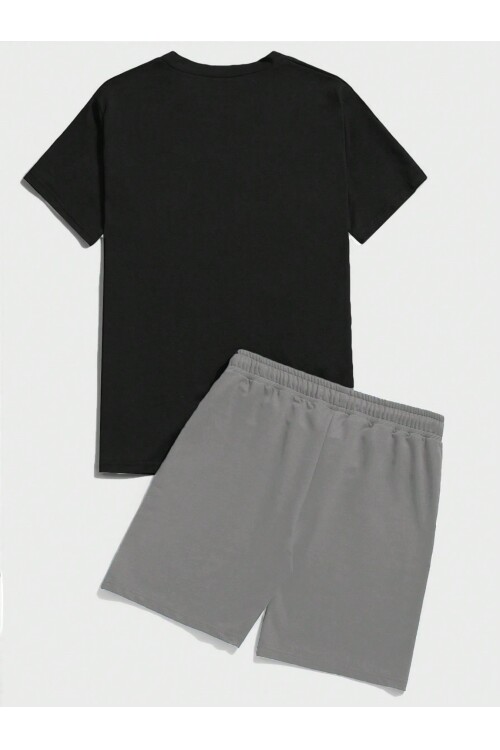Erkek Siyah-Gri Alt-Üst Baskılı Şort Takım