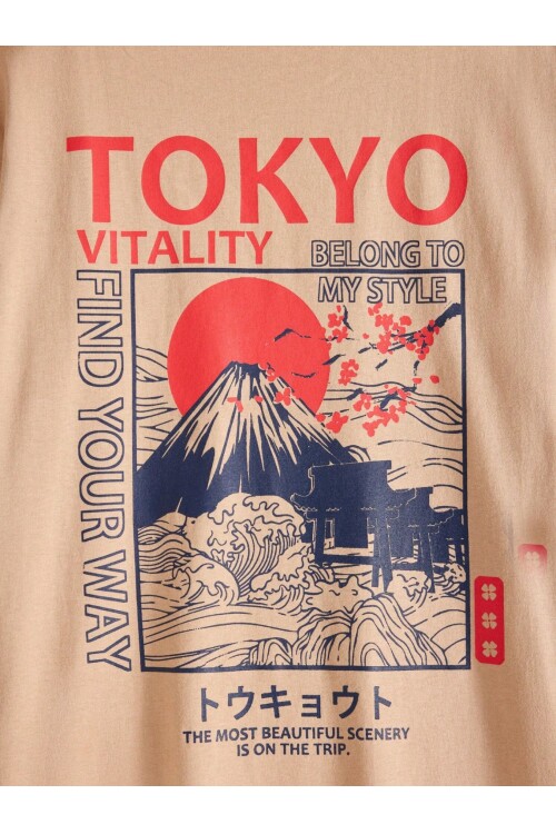 Erkek Taş Bisiklet Yaka Tokyo Vitality Baskılı T-Shirt