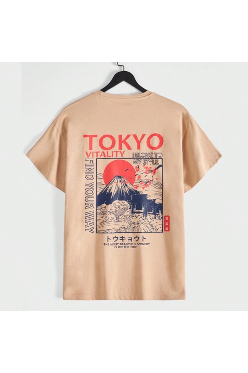 Erkek Taş Bisiklet Yaka Tokyo Vitality Baskılı T-Shirt