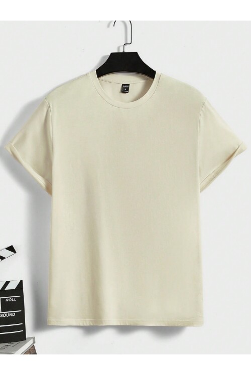 Erkek Taş Rengi Bisiklet Yaka Arkası Japan Efekt Baskı Detaylı T-Shirt