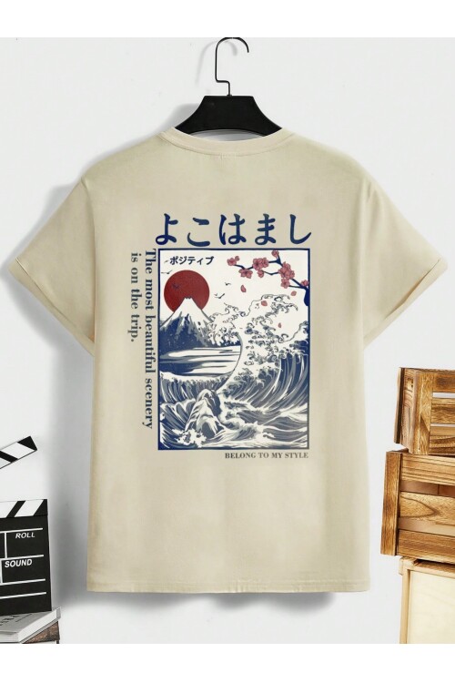 Erkek Taş Rengi Bisiklet Yaka Arkası Japan Efekt Baskı Detaylı T-Shirt