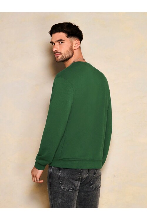 Erkek Yeşil Bisiklet Yaka Gülen Yüz Baskılı Uzun Kol T-Shirt