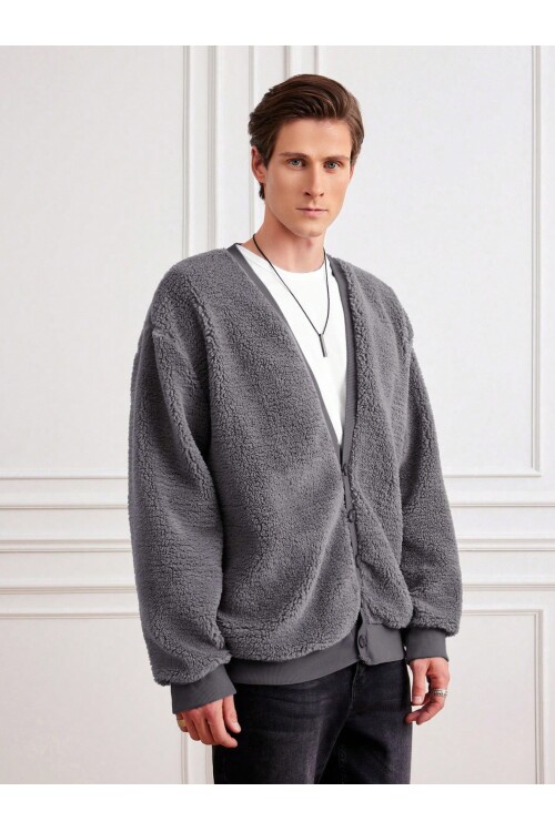 Gri/antrasit V Yaka Düğmeli Peluş Hırka