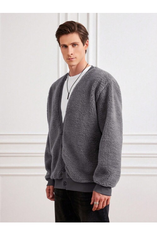 Gri/antrasit V Yaka Düğmeli Peluş Hırka