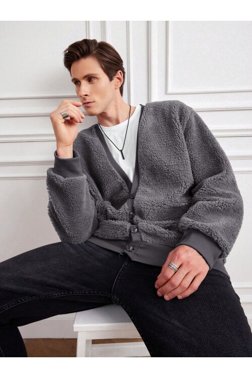 Gri/antrasit V Yaka Düğmeli Peluş Hırka