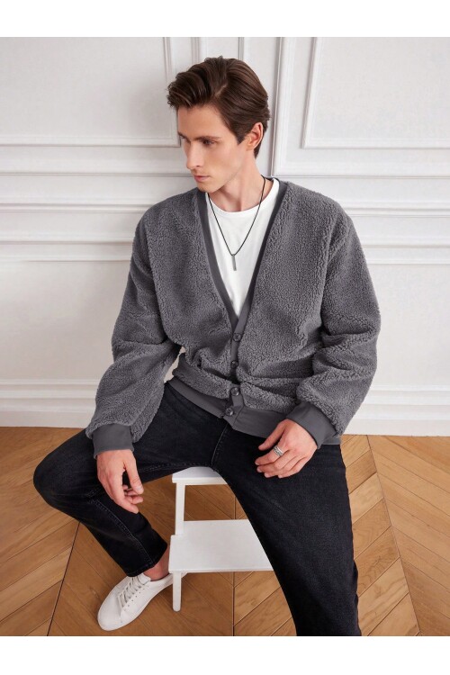 Gri/antrasit V Yaka Düğmeli Peluş Hırka