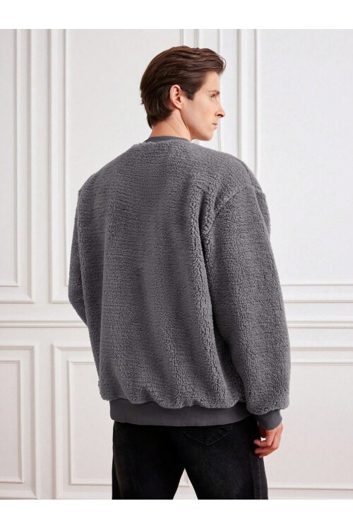 Gri/antrasit V Yaka Düğmeli Peluş Hırka