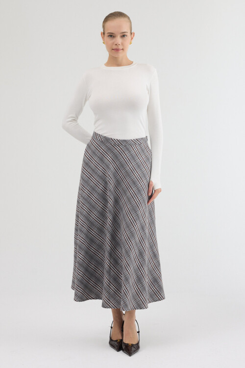 Gri-Kahve Aura Yüksek Bel A-Kesim Ekose Midi Etek