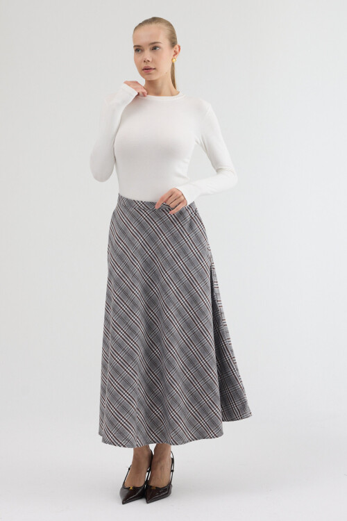 Gri-Kahve Aura Yüksek Bel A-Kesim Ekose Midi Etek