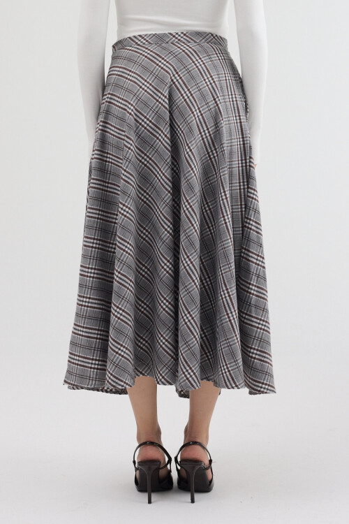 Gri-Kahve Aura Yüksek Bel A-Kesim Ekose Midi Etek