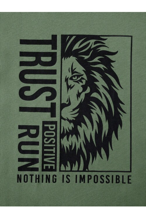 Haki Aslan Baskılı %100 Pamuk Erkek T-Shirt