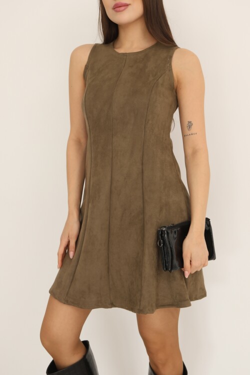 Haki Süet Yuvarlak Yaka Kolsuz  A-Kesim Diz Üstü Elbise