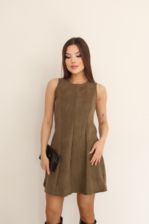 Haki Süet Yuvarlak Yaka Kolsuz  A-Kesim Diz Üstü Elbise