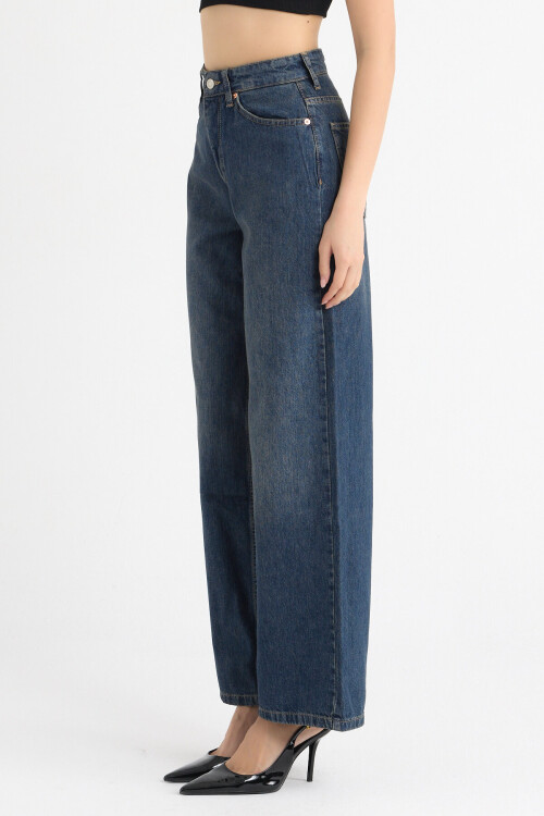 İndigo Yıkamalı Yüksek Bel Rahat Kesim Wide Leg Kot Pantolon