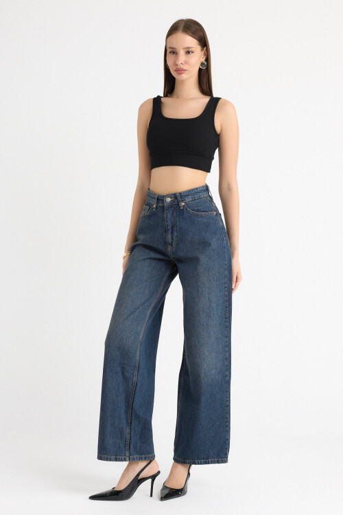 İndigo Yıkamalı Yüksek Bel Rahat Kesim Wide Leg Kot Pantolon
