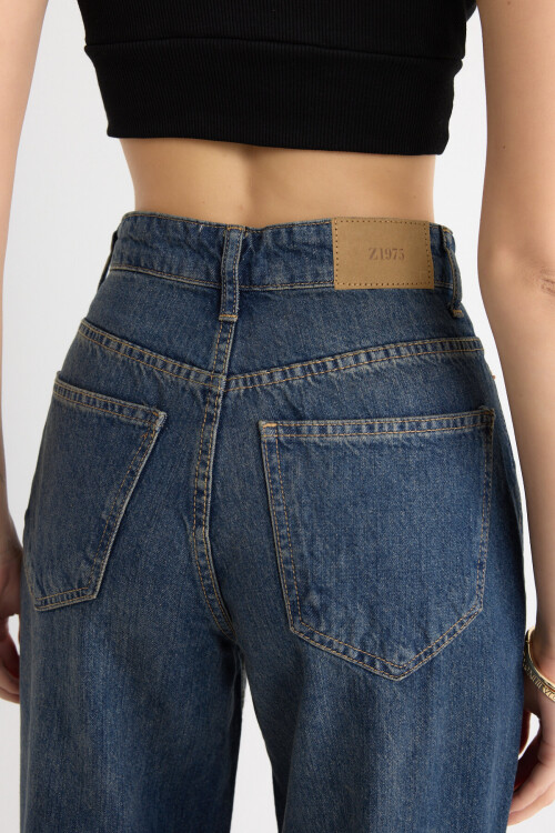 İndigo Yıkamalı Yüksek Bel Rahat Kesim Wide Leg Kot Pantolon
