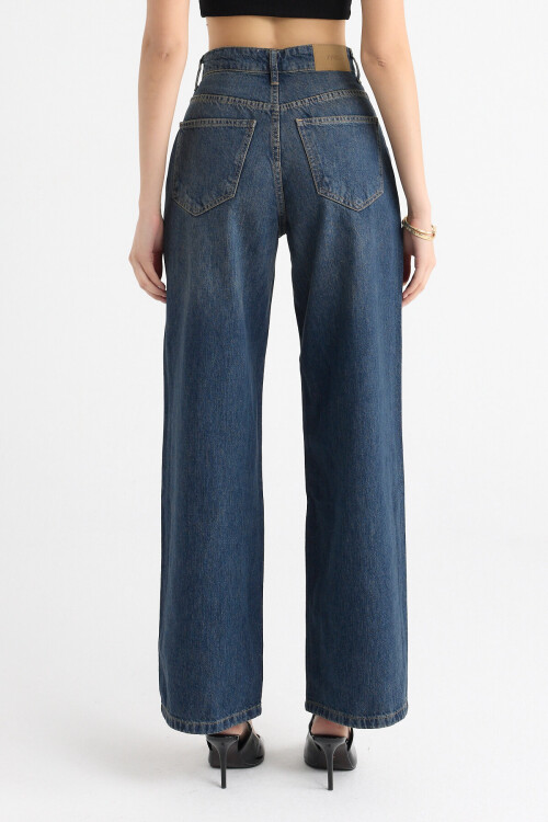 İndigo Yıkamalı Yüksek Bel Rahat Kesim Wide Leg Kot Pantolon