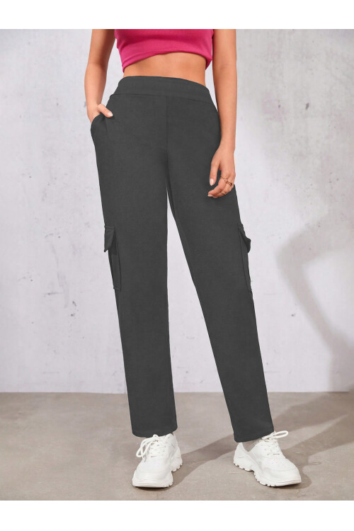 Kadın Antrasit Beli Lastikli Düz Paça Kargo Pantolon