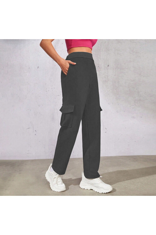 Kadın Antrasit Beli Lastikli Düz Paça Kargo Pantolon