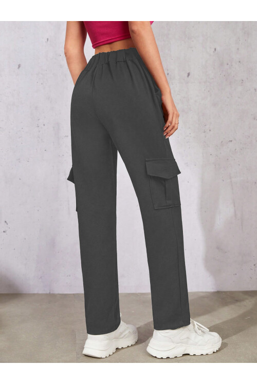 Kadın Antrasit Beli Lastikli Düz Paça Kargo Pantolon