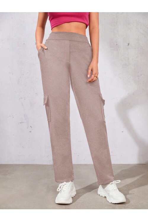 Kadın Camel Beli Lastikli Düz Paça Kargo Pantolon