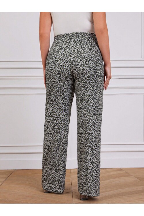 Kadın Çiçek Baskı Detaylı Yüksek Bel Pantolon
