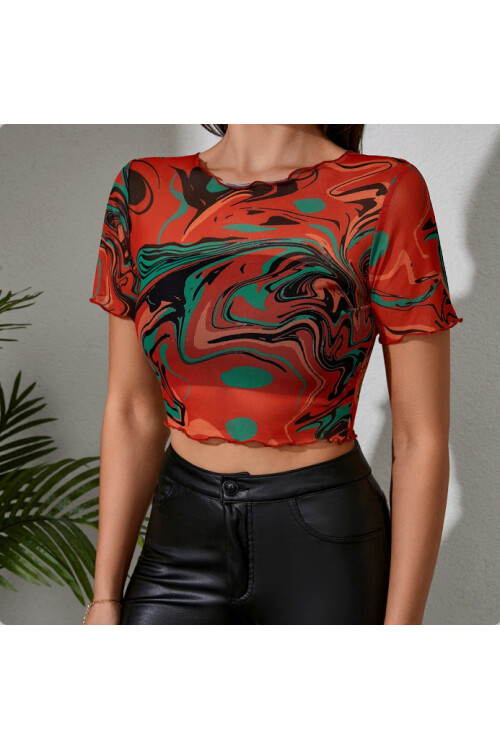Kadın Çok Renk Baskı Detaylı Crop Tül Bluz 