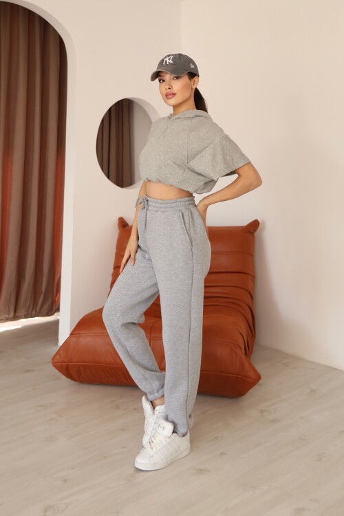 Kadın Gri Melanj Relaxed Kalıp Paça ve Bel Lastik Detaylı Eşofman Altı