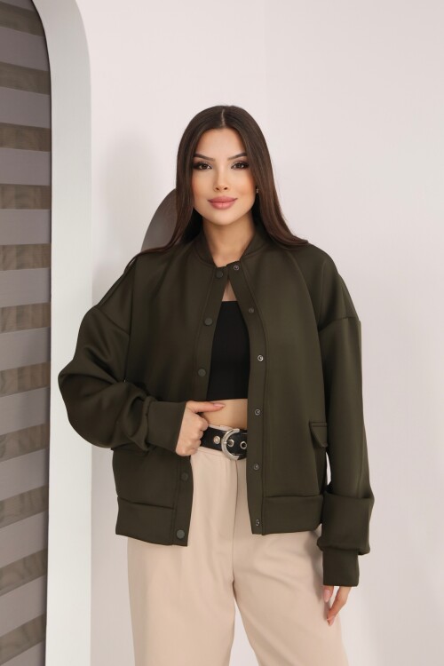 Kadın Haki Cep Detaylı ve Çıtçıt Detaylı Scuba Örme Ceket