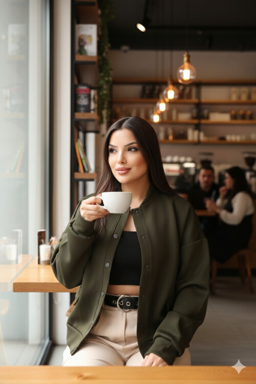 Kadın Haki Cep Detaylı ve Çıtçıt Detaylı Scuba Örme Ceket