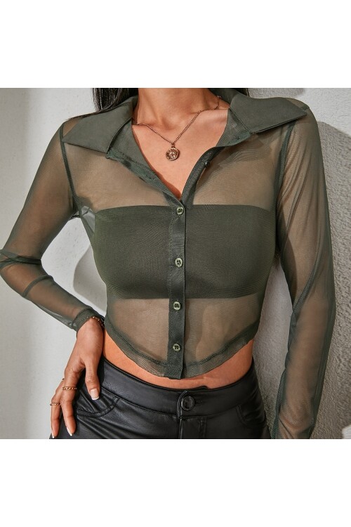 Kadın Haki Uzun Kollu Tül Crop Gömlek