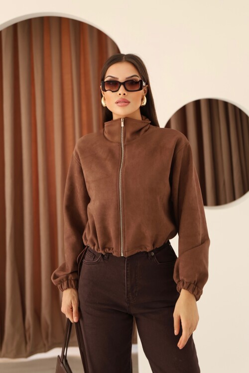 Kadın Kahverengi Süet  Dik Yaka Fermuar ve Etek Ucu Stoper Detaylı Ceket