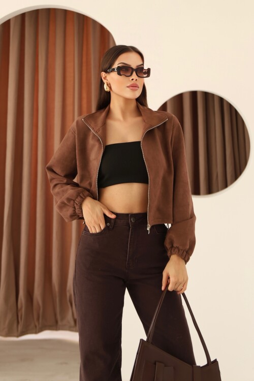 Kadın Kahverengi Süet  Dik Yaka Fermuar ve Etek Ucu Stoper Detaylı Ceket