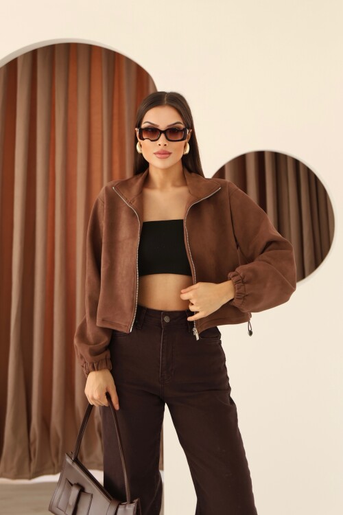 Kadın Kahverengi Süet  Dik Yaka Fermuar ve Etek Ucu Stoper Detaylı Ceket