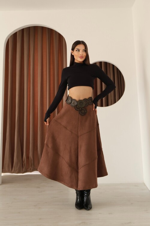 Kadın Kahverengi Süet Volanlı A Kesim Etek