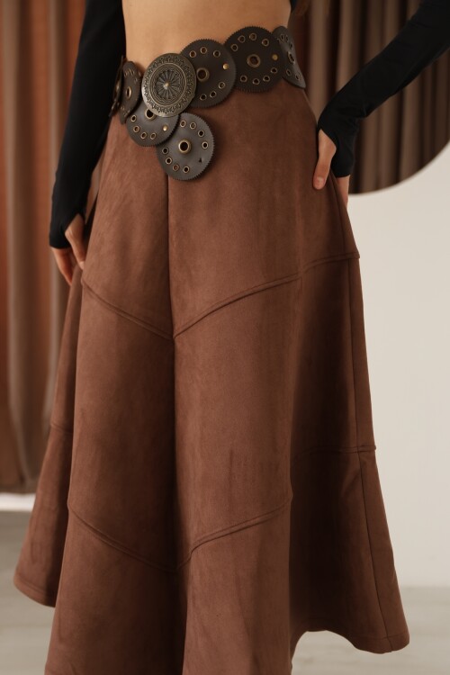 Kadın Kahverengi Süet Volanlı A Kesim Etek